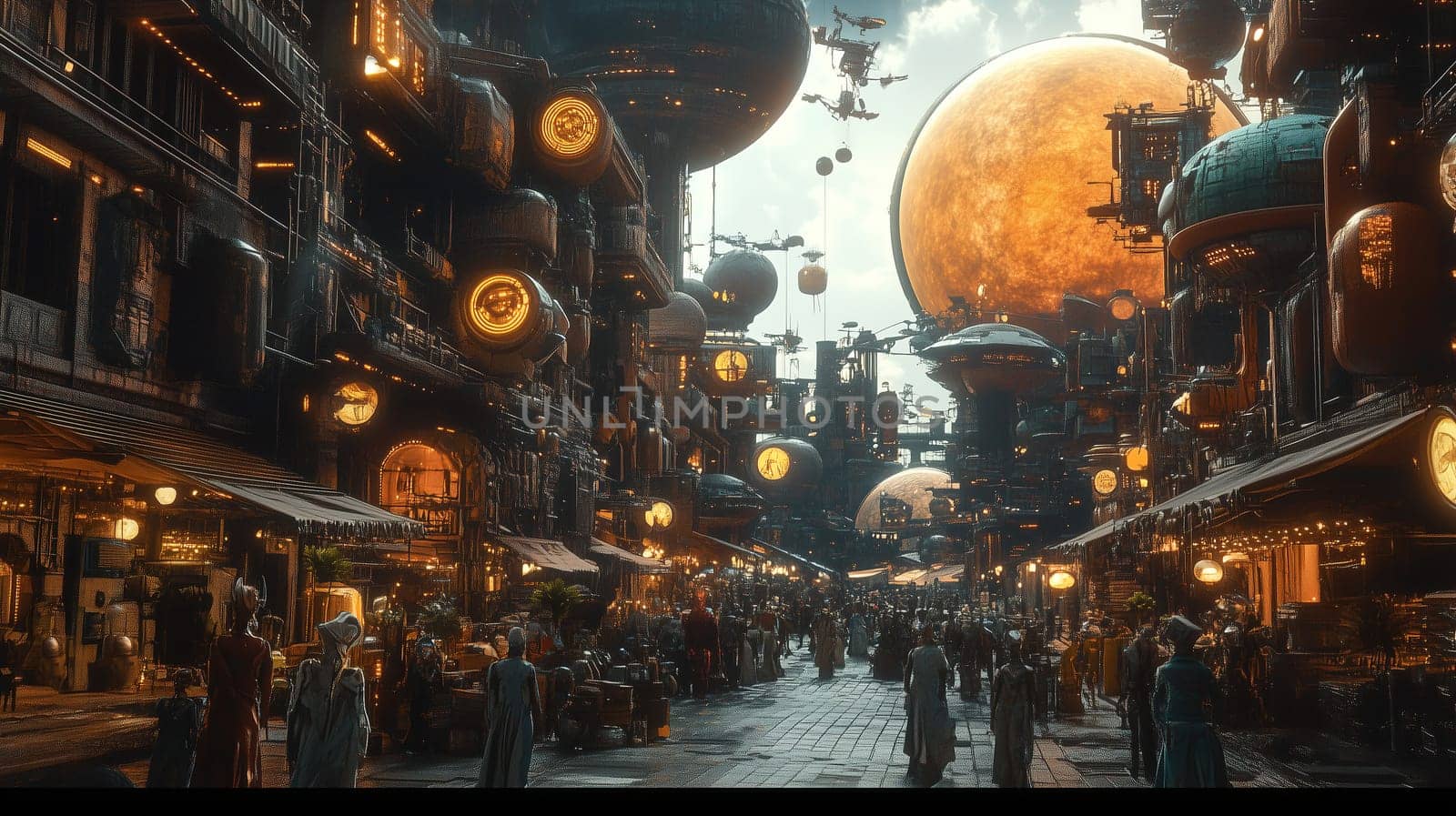 In a vibrant city filled with unique architecture, people wander through bustling markets as floating planets illuminate the sky at sunset, creating a mesmerizing atmosphere.