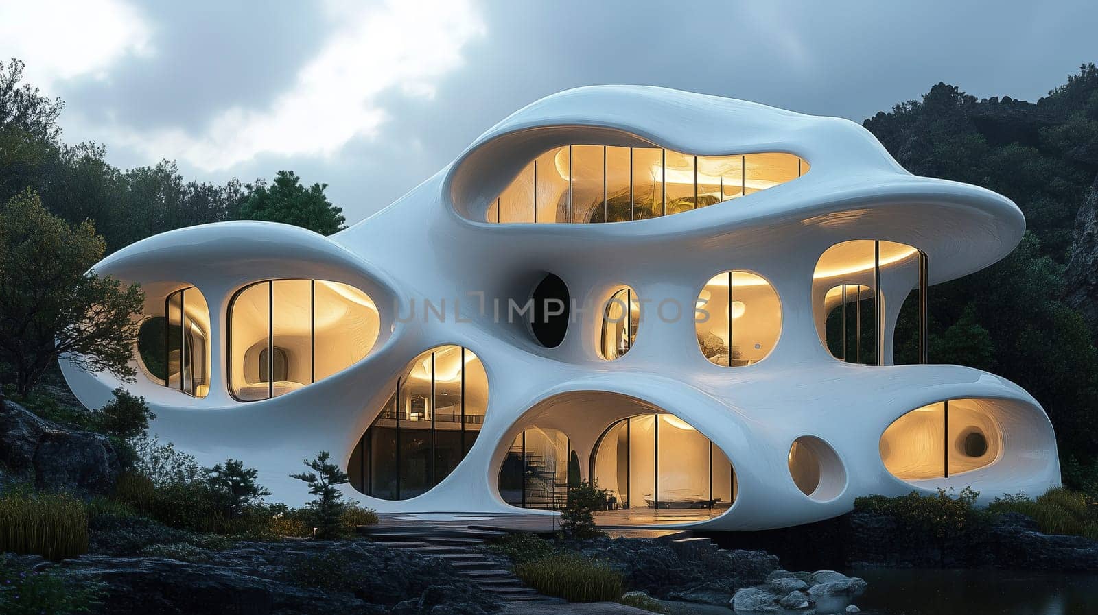 A striking modern structure with organic shapes glows warmly as dusk settles, surrounded by greenery and rocks, creating a stunning visual contrast.
