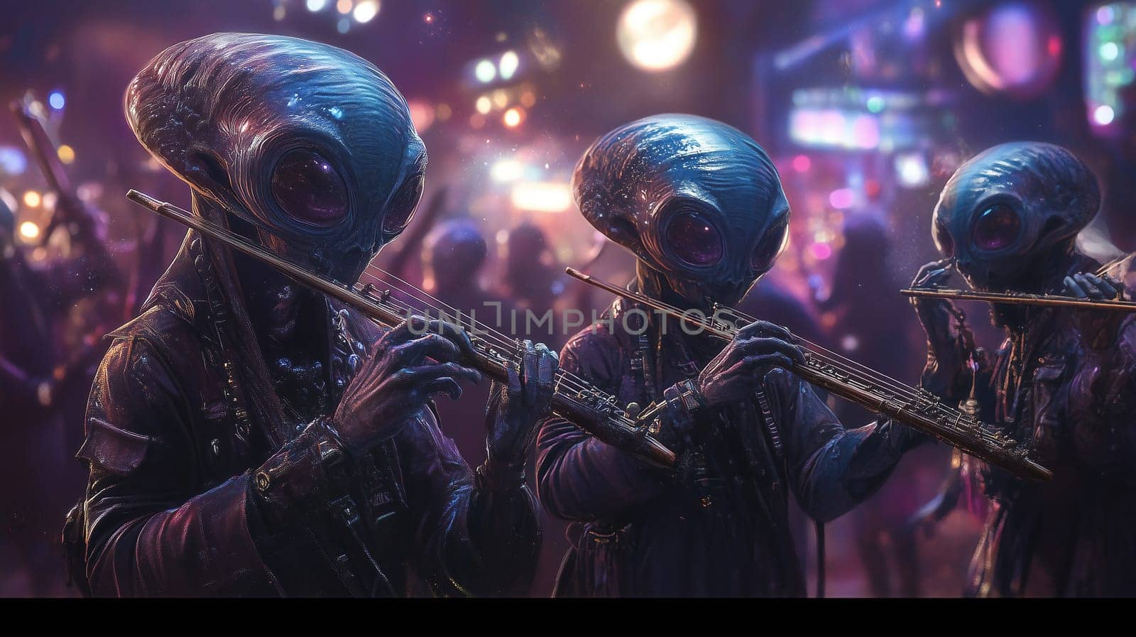 In a lively space bar, three alien musicians play flutes, entertaining a diverse crowd. Colorful lights illuminate the scene as patrons enjoy the cosmic atmosphere of the night.