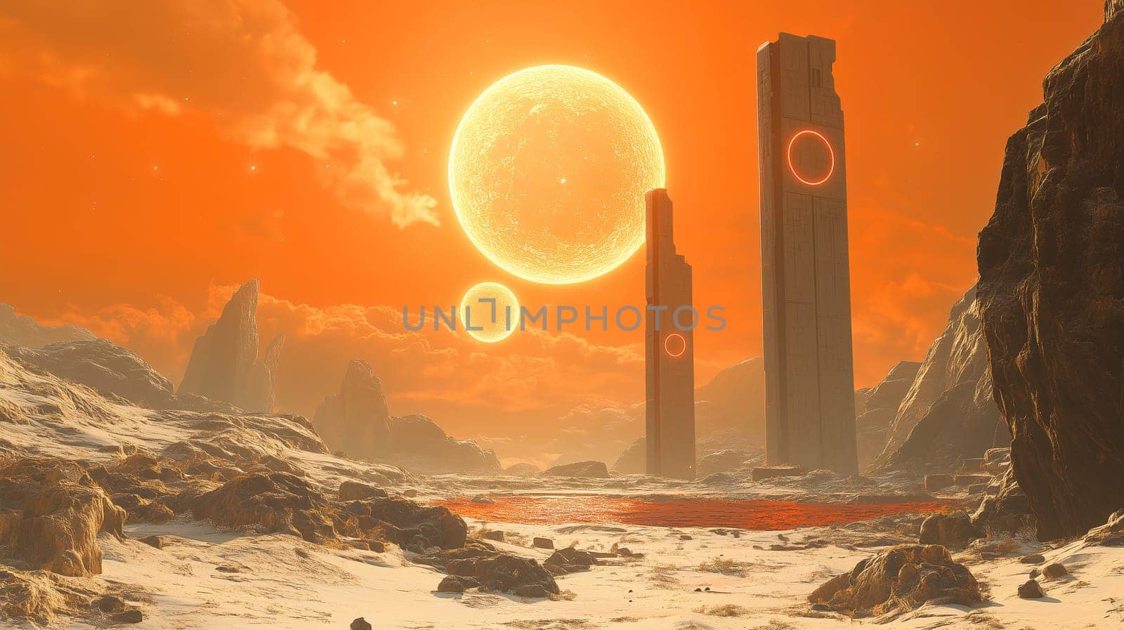 The landscape showcases tall monoliths rising from a rocky terrain under a vivid orange sky filled with bright suns, creating a breathtaking and surreal atmosphere.
