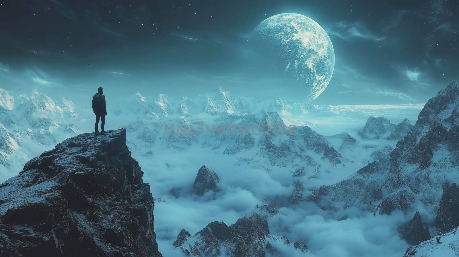 A person observes the expansive view from a rocky summit, surrounded by towering mountains and clouds, with a large, luminous moon illuminating the night sky.