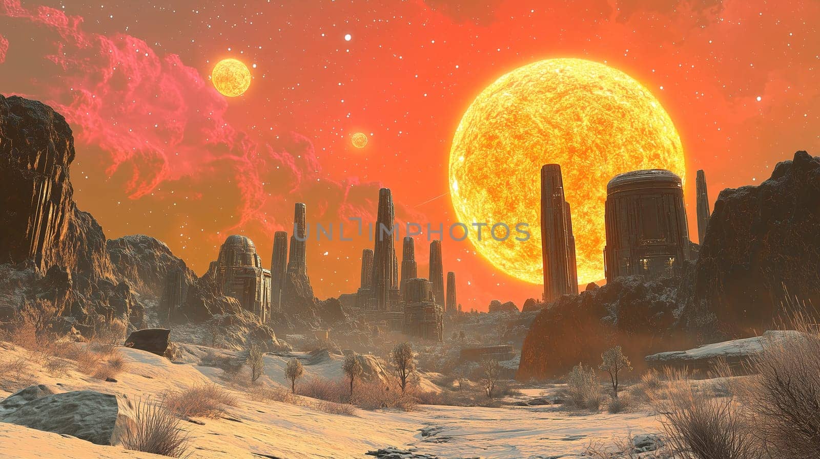 Purple and orange hues fill the sky as a giant sun casts light over a barren, rocky landscape. Towering formations rise in the foreground, creating an otherworldly setting at dusk.