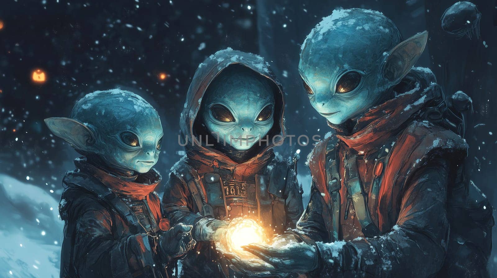 Three alien children in hooded jackets stand closely, mesmerized by a glowing orb in their hands. Snow falls gently around them, adding to the magical atmosphere of the winter forest.