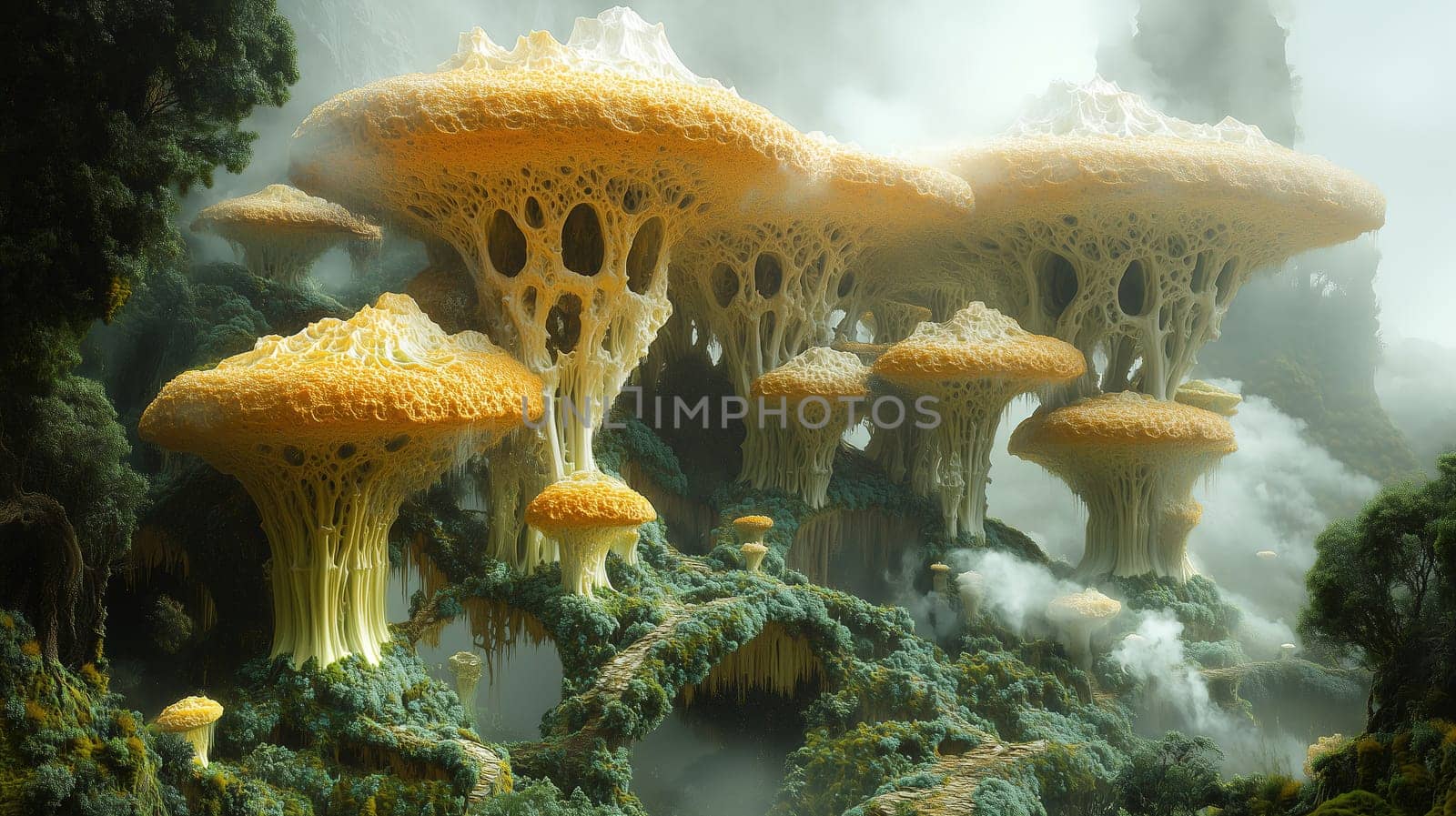 In a mystical forest, towering yellow mushrooms rise above the ground, surrounded by lush greenery and a gentle fog that adds an enchanting atmosphere.