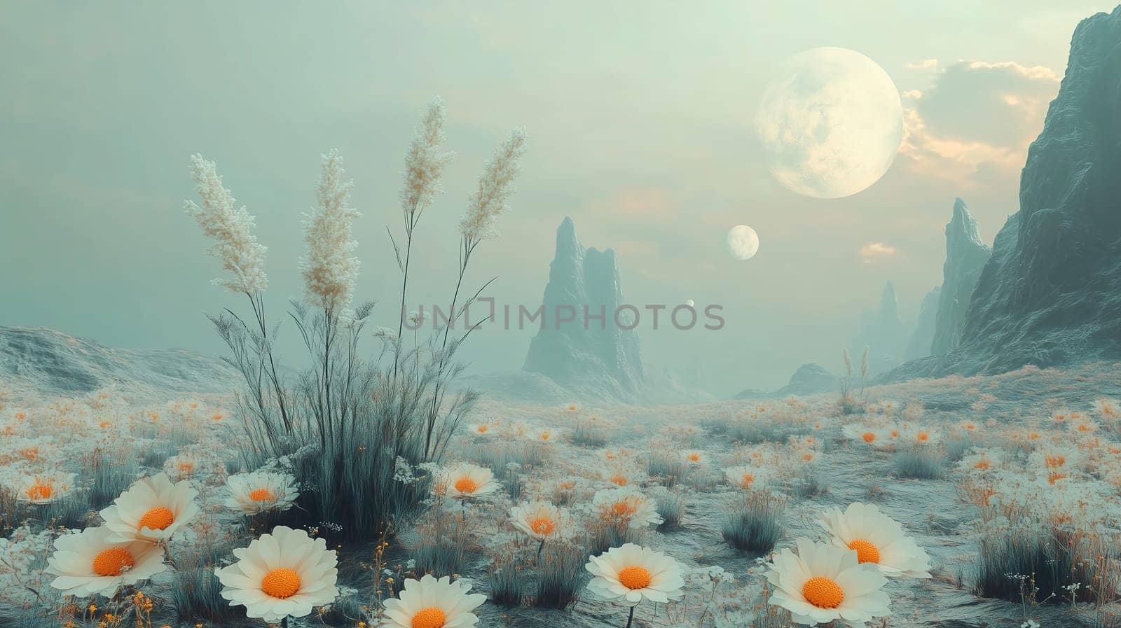 In a peaceful setting, white flowers with orange centers bloom across a landscape. Two large moons hover in a pastel sky above distant rocky formations, creating a surreal atmosphere.