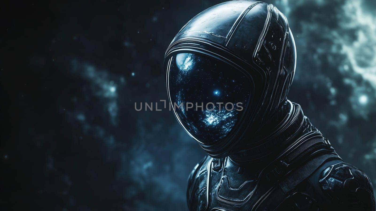 An astronaut stands in the vastness of space, their helmet reflecting a mesmerizing view of stars and galaxies. The scene captures the mystery and wonder of cosmic exploration.