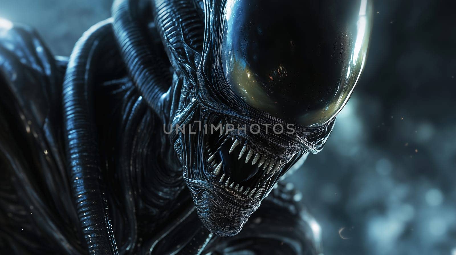 The alien creature stares intensely with glaring eyes and sharp teeth, set in a dark and mysterious backdrop, evoking a sense of fear and intrigue.