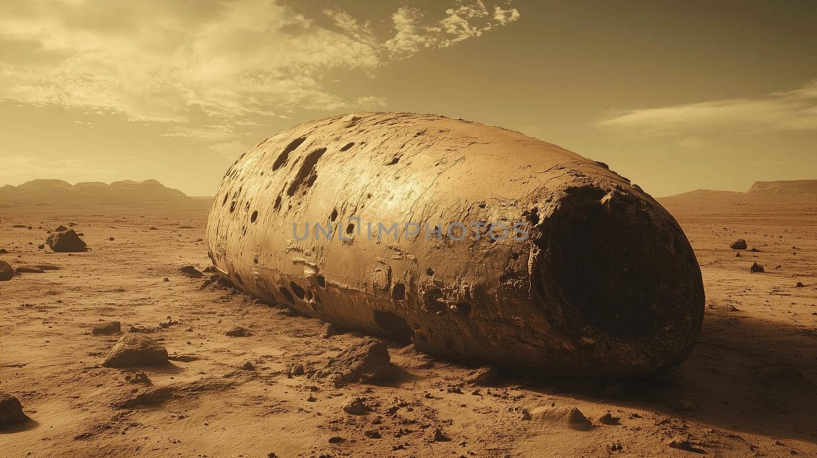 A peculiar, elongated object rests on the barren ground of Mars, surrounded by scattered rocks and dust. The hazy atmosphere creates an otherworldly ambiance during sunset.