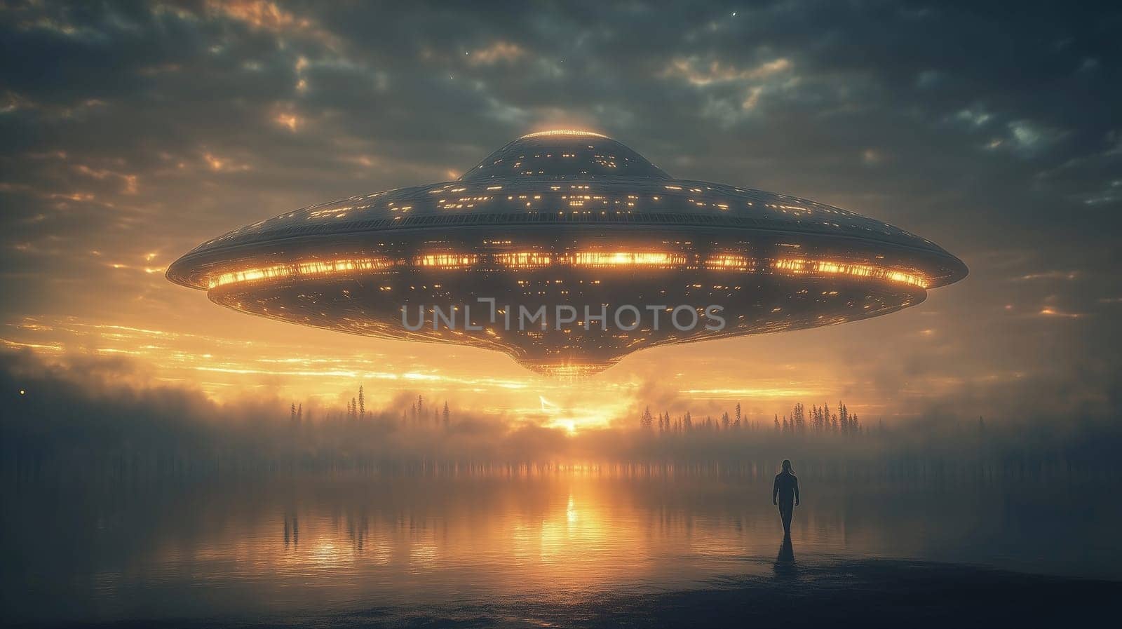 A lone figure stands by a calm lake, mesmerized by a glowing alien spacecraft hovering above the water as the sun sets, casting a warm glow across the sky.