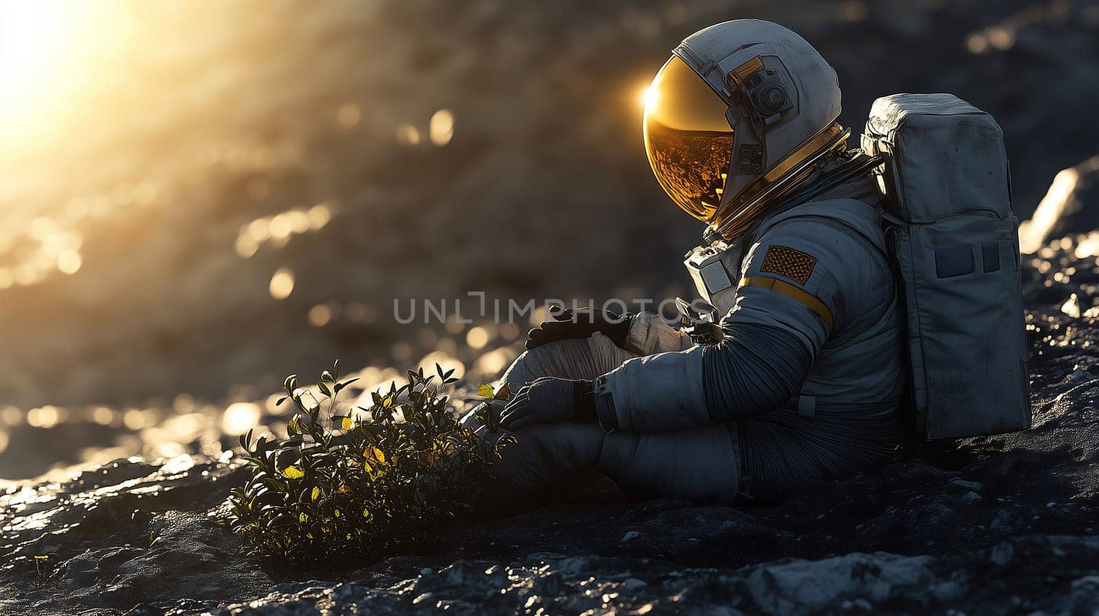 An astronaut relaxes on a rocky surface of an alien planet, taking in the warm sunlight while small green plants bloom nearby, showcasing life beyond Earth.