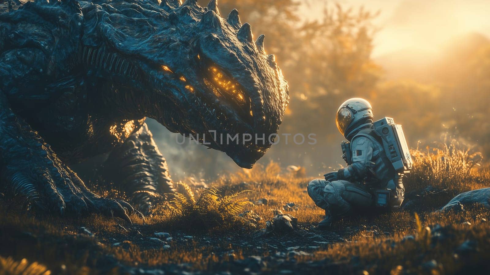 An astronaut sits quietly on the ground, gazing up at a colossal, textured alien creature with glowing eyes in a lush, vibrant setting at dusk.