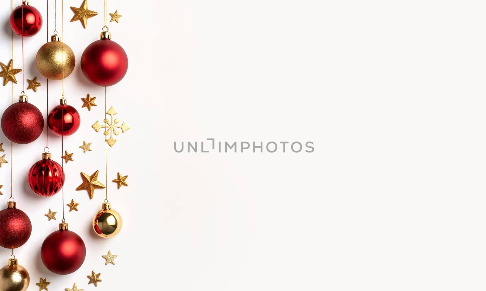Colorful red and gold Christmas ornaments and shiny stars are arranged vertically, creating a festive atmosphere perfect for the holiday season - Generative AI