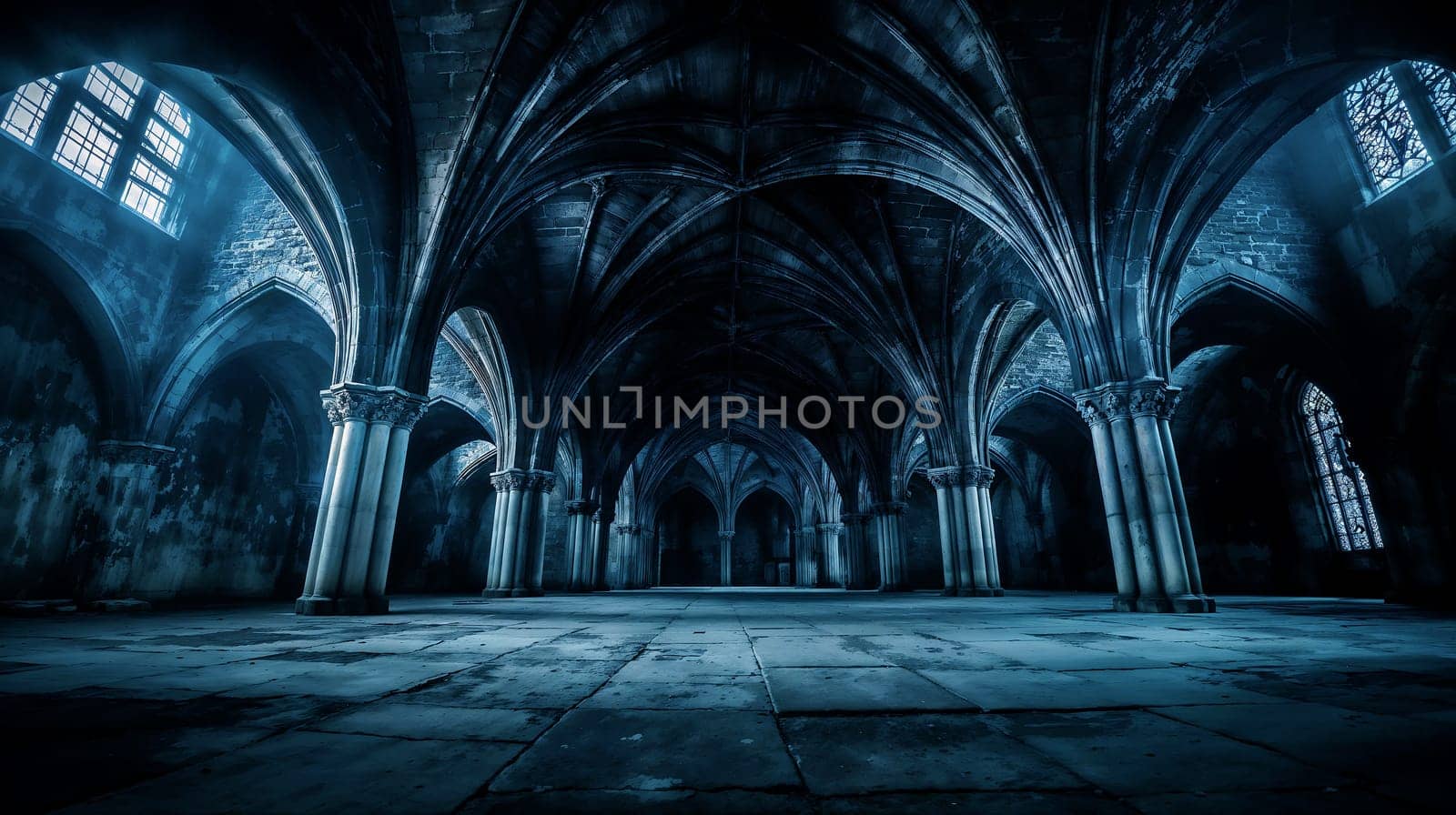 In an ancient cathedral, elaborate stone arches rise against a cool blue light, illuminating the vast empty space and highlighting the weathered floor - Generative AI