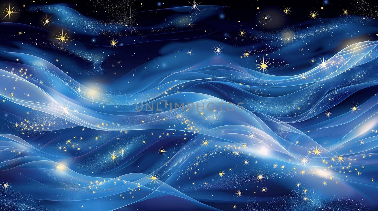 A captivating display of flowing blue waves adorned with shimmering golden stars against a deep dark backdrop evokes a sense of tranquility and wonder - Generative AI
