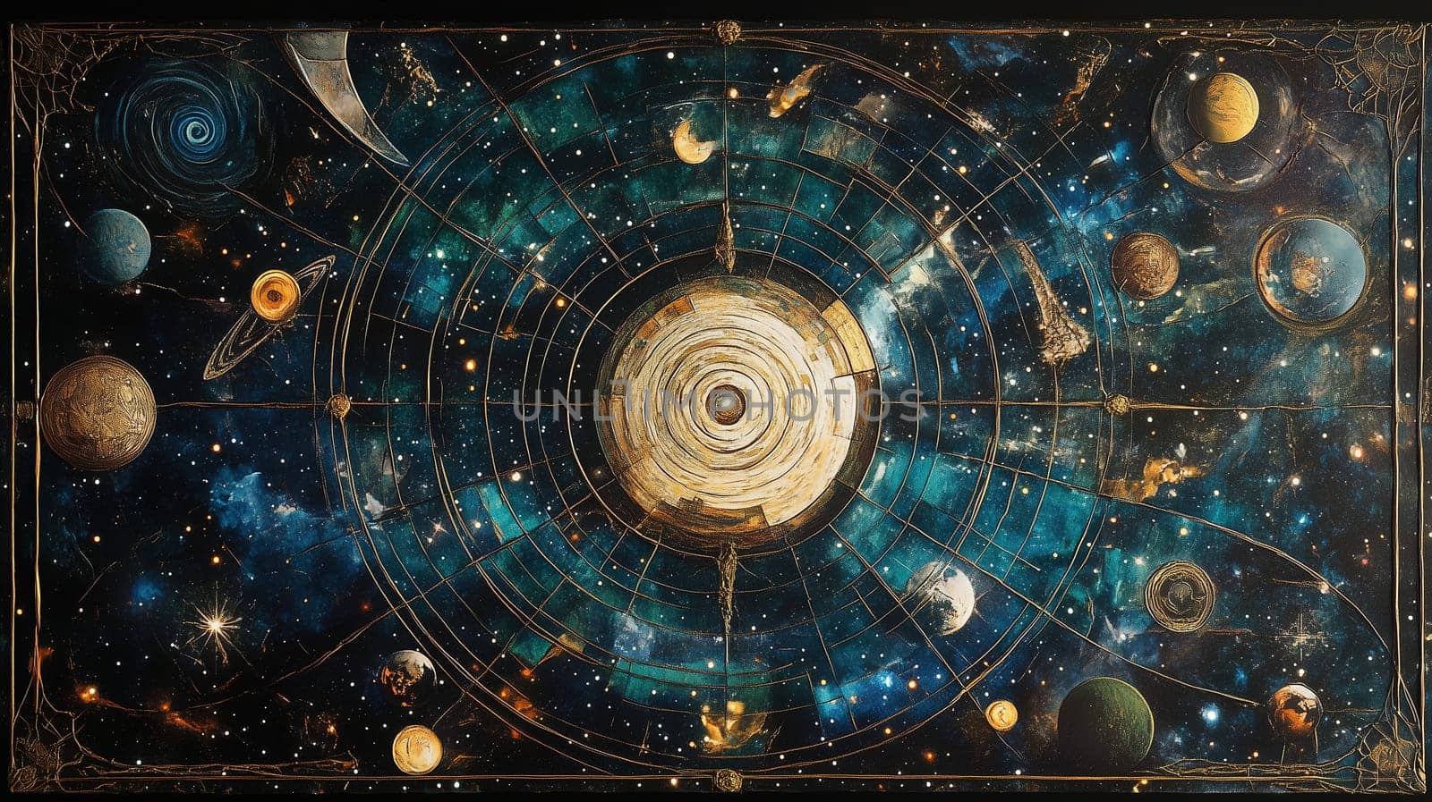This artwork showcases a detailed map of the solar system with planets, swirling galaxies, and stars set against a dark background, creating a mesmerizing cosmic view.
