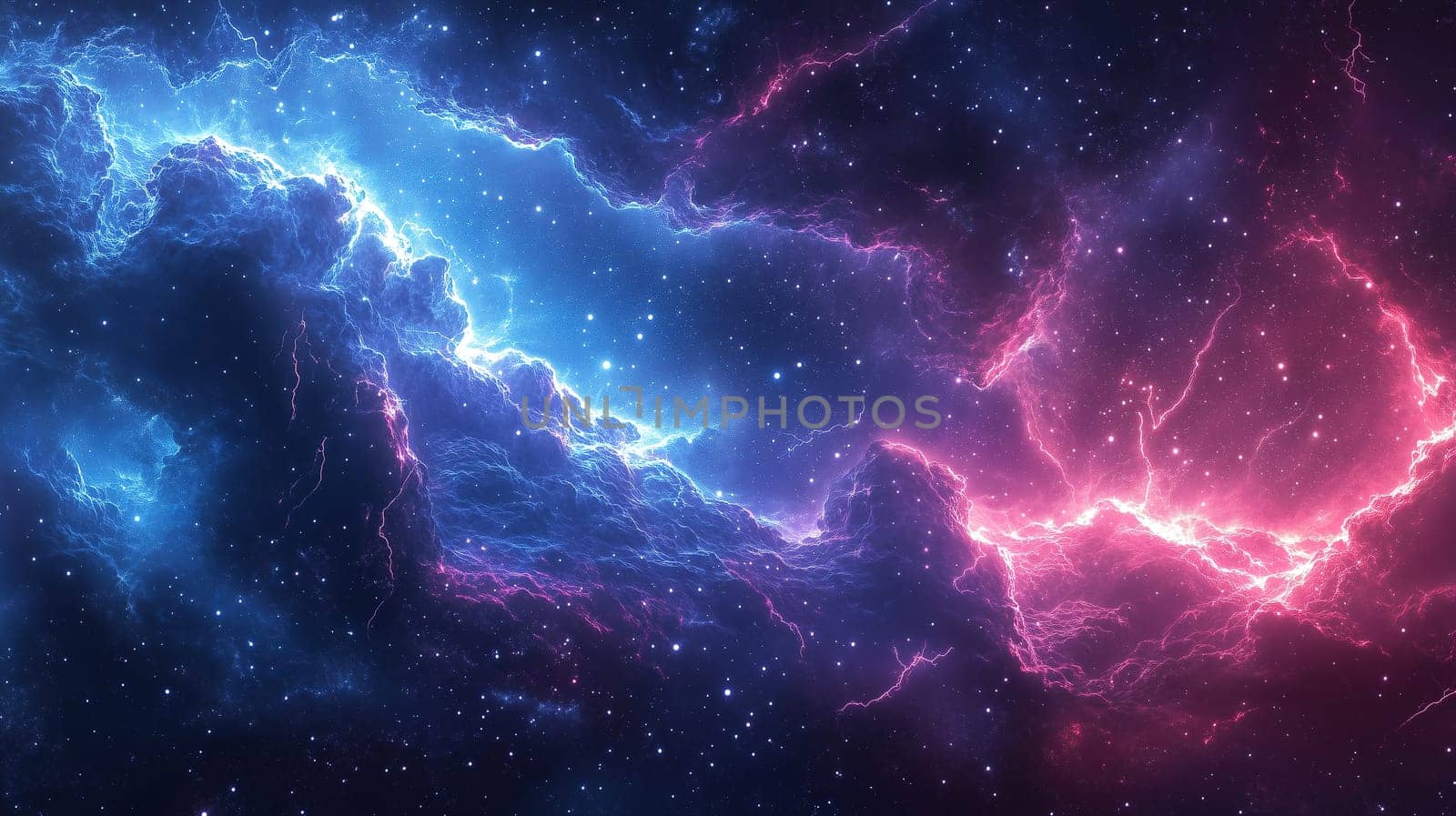 The sky is filled with vibrant cosmic clouds featuring shades of blue and pink. Electric lightning illuminates the scene, accentuating the brilliance of distant stars.