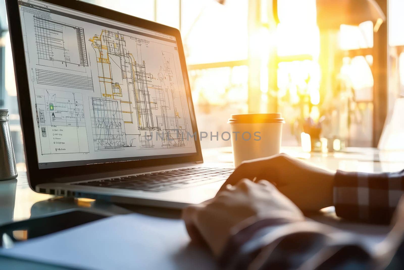 A cozy modern workspace featuring a laptop showing architectural plans, a coffee cup, and warm sunlight creating an inviting ambiance for productive work.