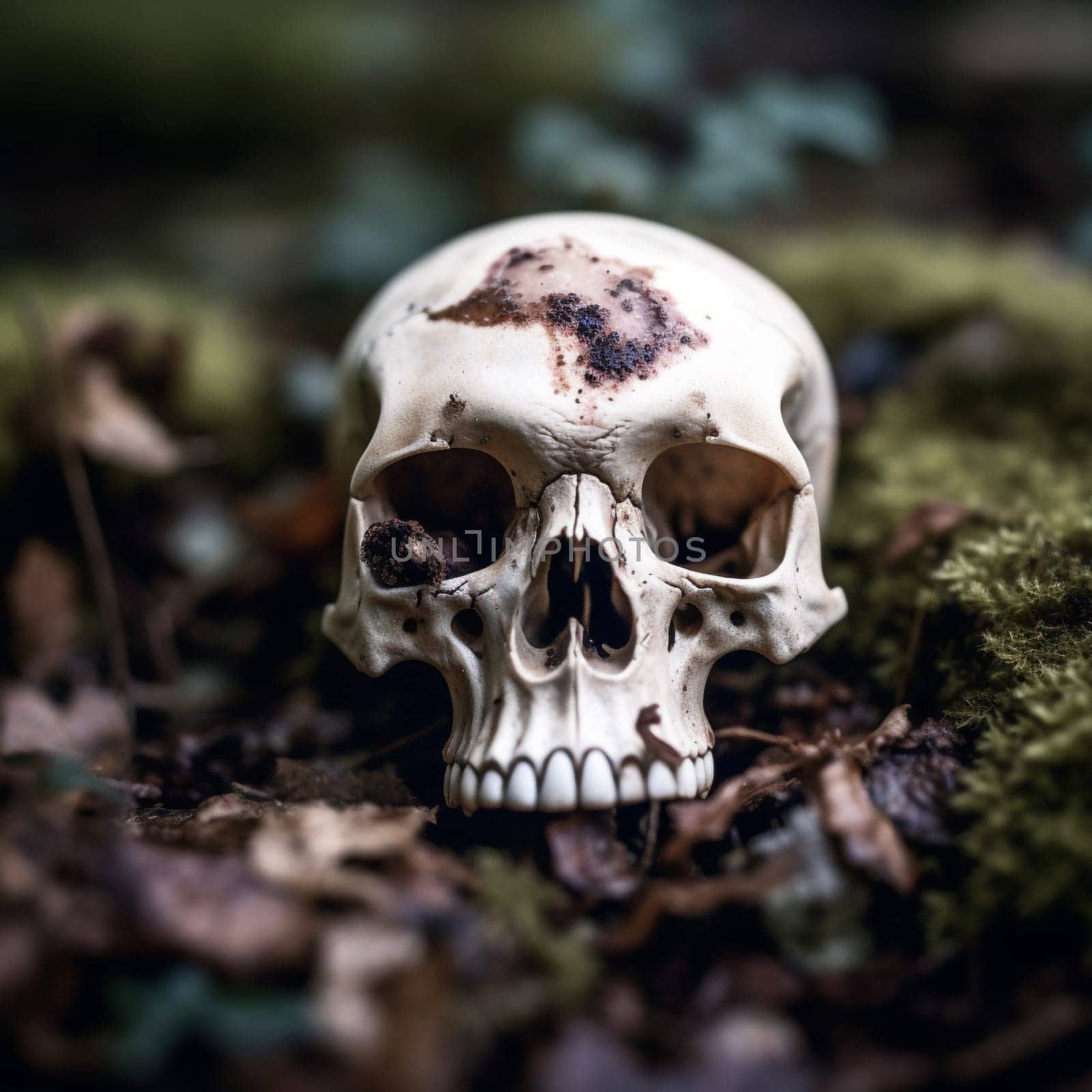 A skull is sitting on a pile of leaves and moss. The skull is white and has a few brown spots on it. The image has a creepy and eerie mood, as the skull is surrounded by nature and he is out of place