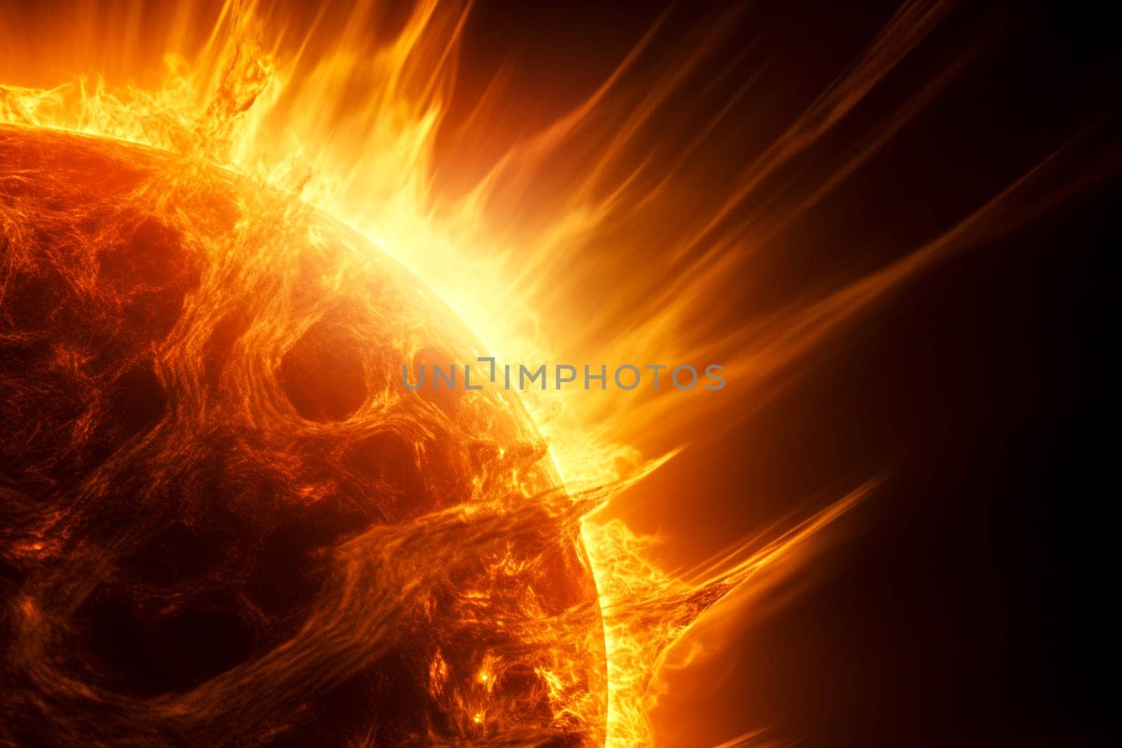 A close up of a sun with fire coming out of it. The sun is orange and the fire is bright