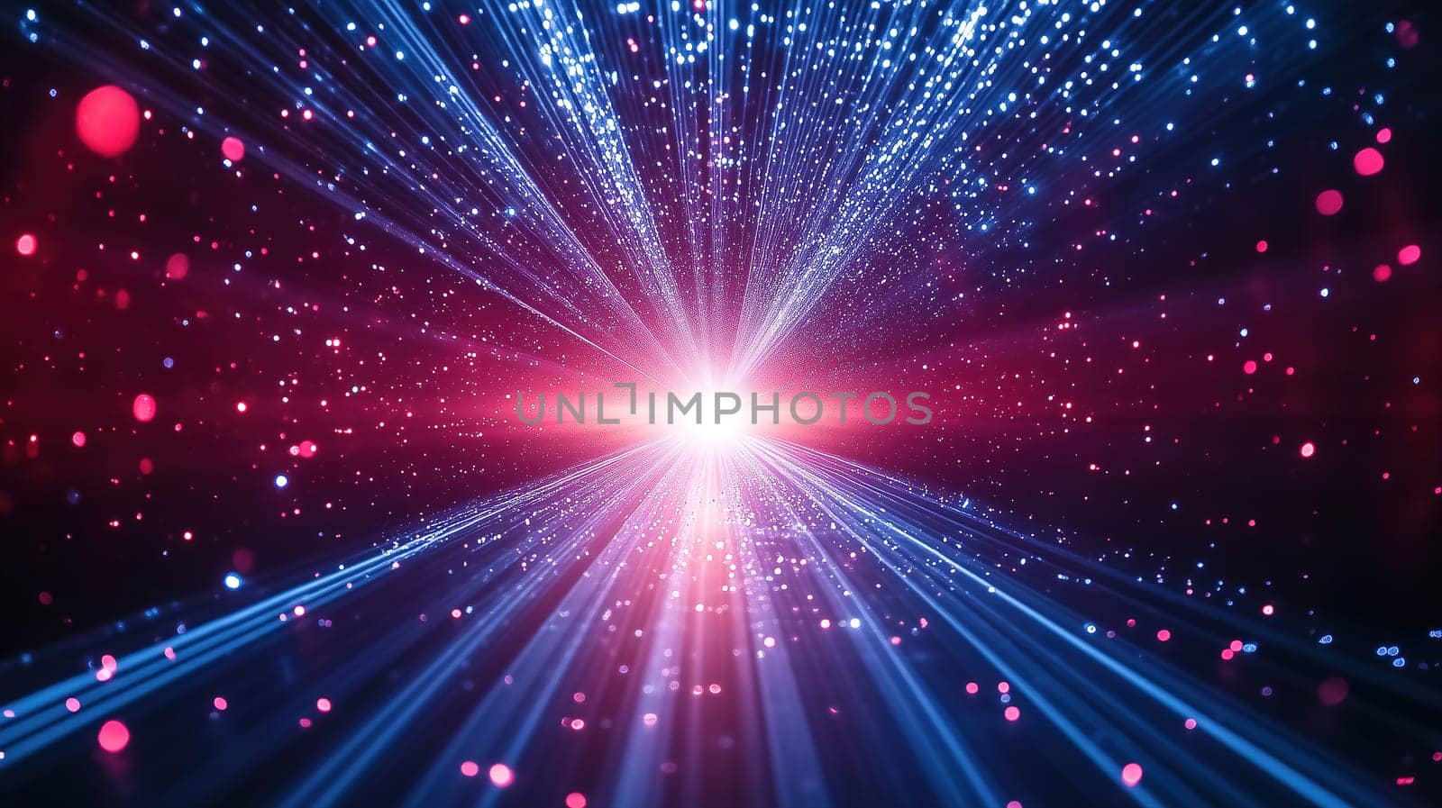 Bright beams of light burst from a central point, surrounded by shimmering particles in an abstract cosmic environment, evoking a sense of depth and wonder.
