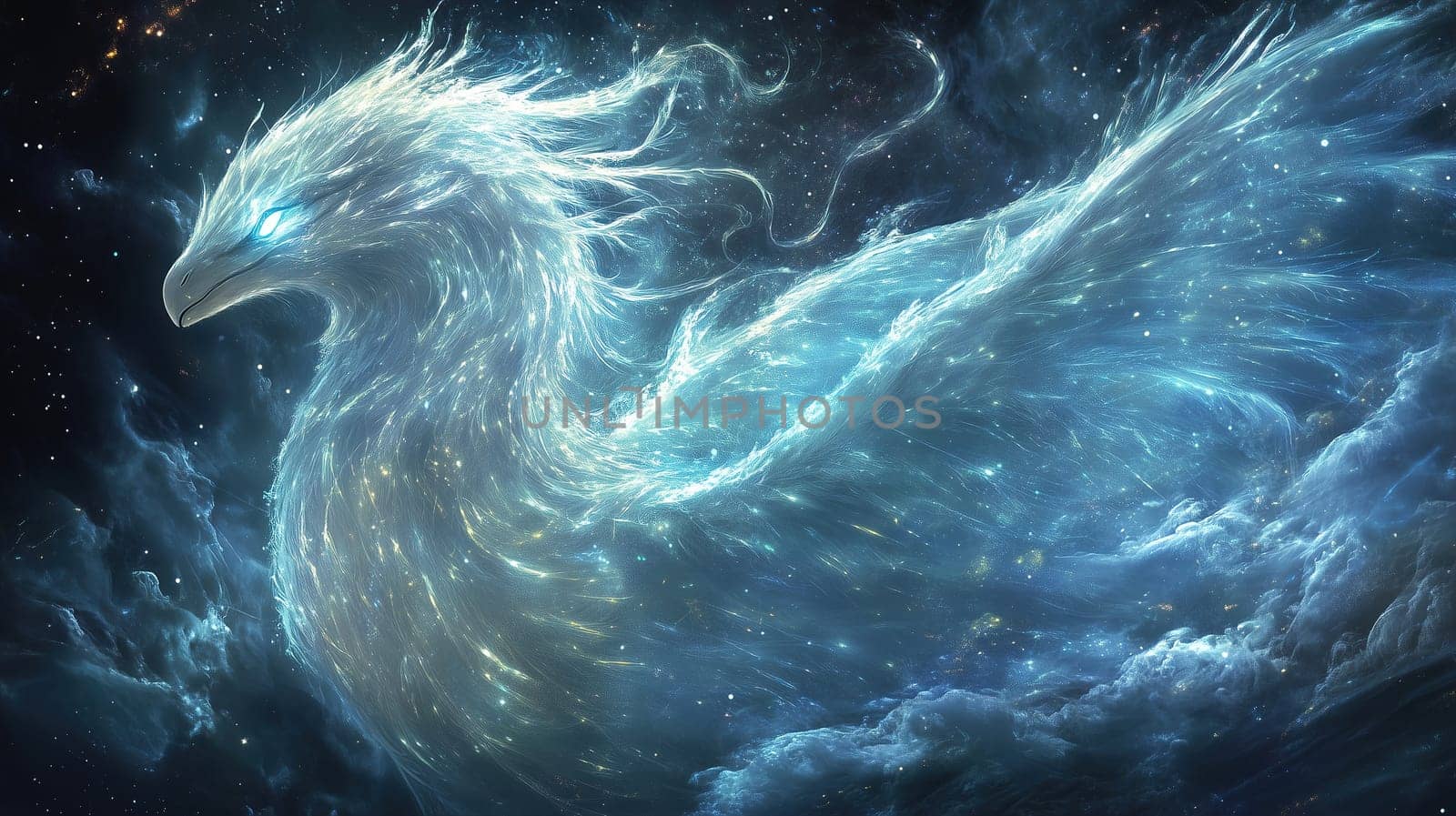 A magnificent, mythical bird with shimmering feathers gracefully glides across a starry night sky. Its ethereal glow captivates the scene, adding a sense of wonder and magic.