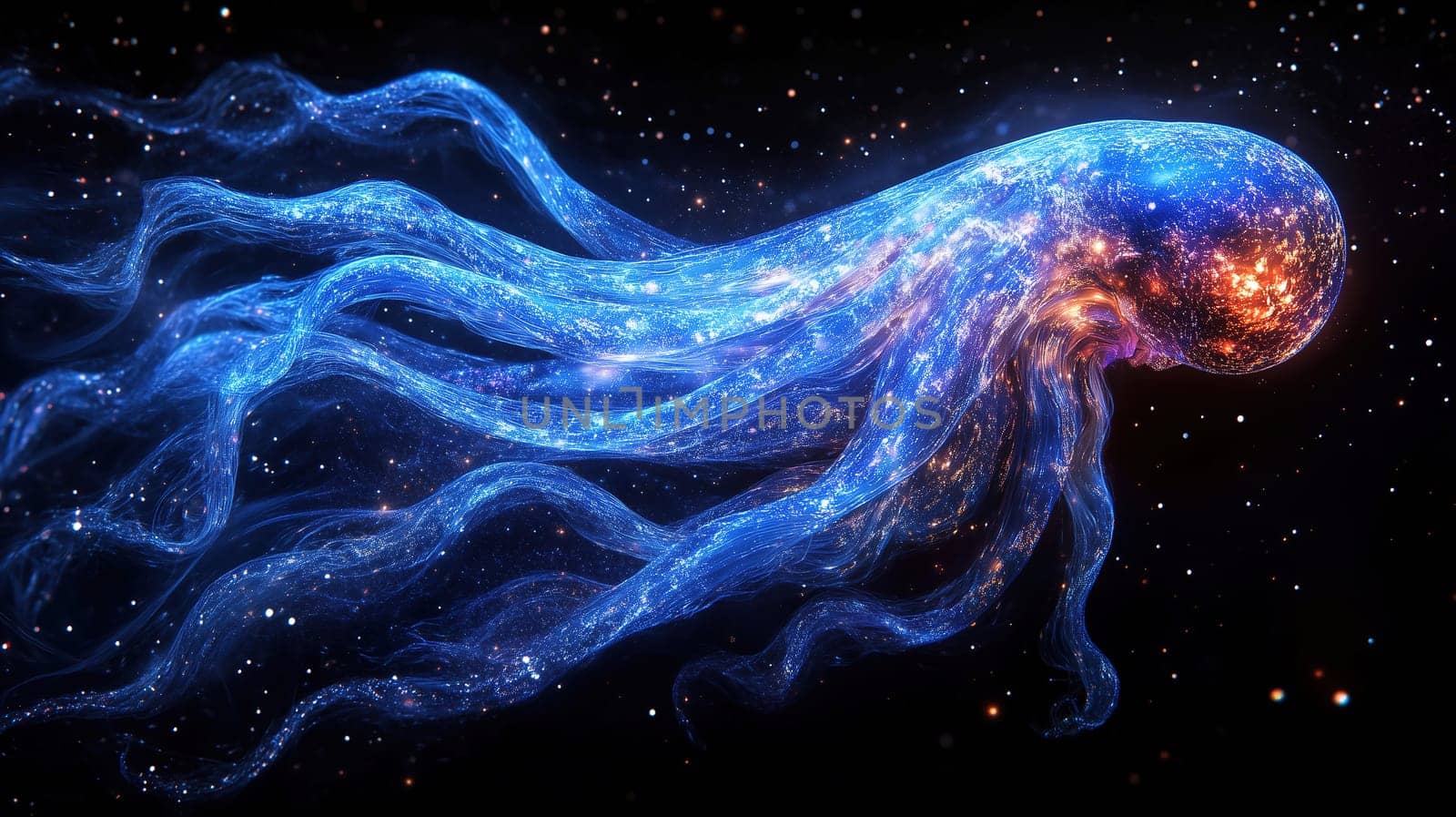 This ethereal jellyfish glows brightly as it gracefully navigates the vast expanse of space, surrounded by stunning stars and nebulae, creating a mesmerizing cosmic display.