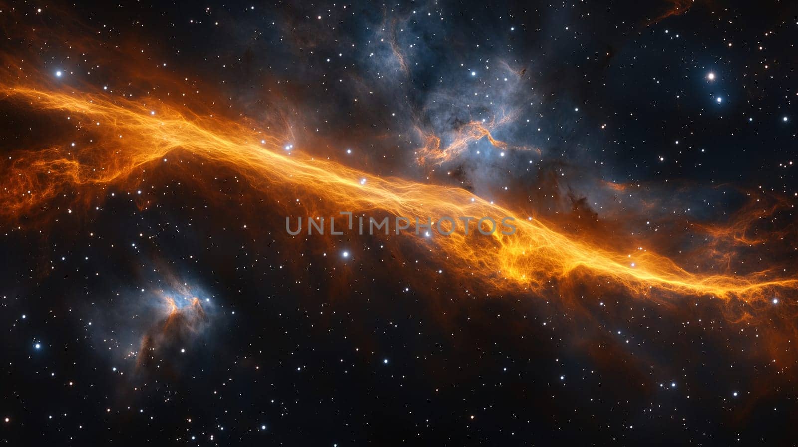 This captivating sight showcases a bright orange cosmic filament stretching across the dark expanse of space, surrounded by distant stars and colorful nebulae.
