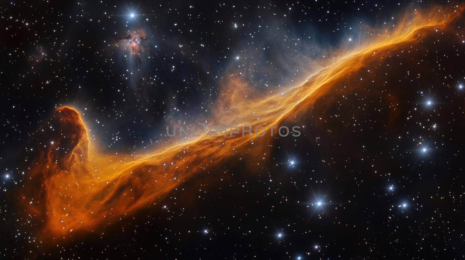 A mesmerizing cosmic cloud formation stretches across the night sky, glowing in vibrant hues while surrounded by countless distant stars twinkling against the dark backdrop.