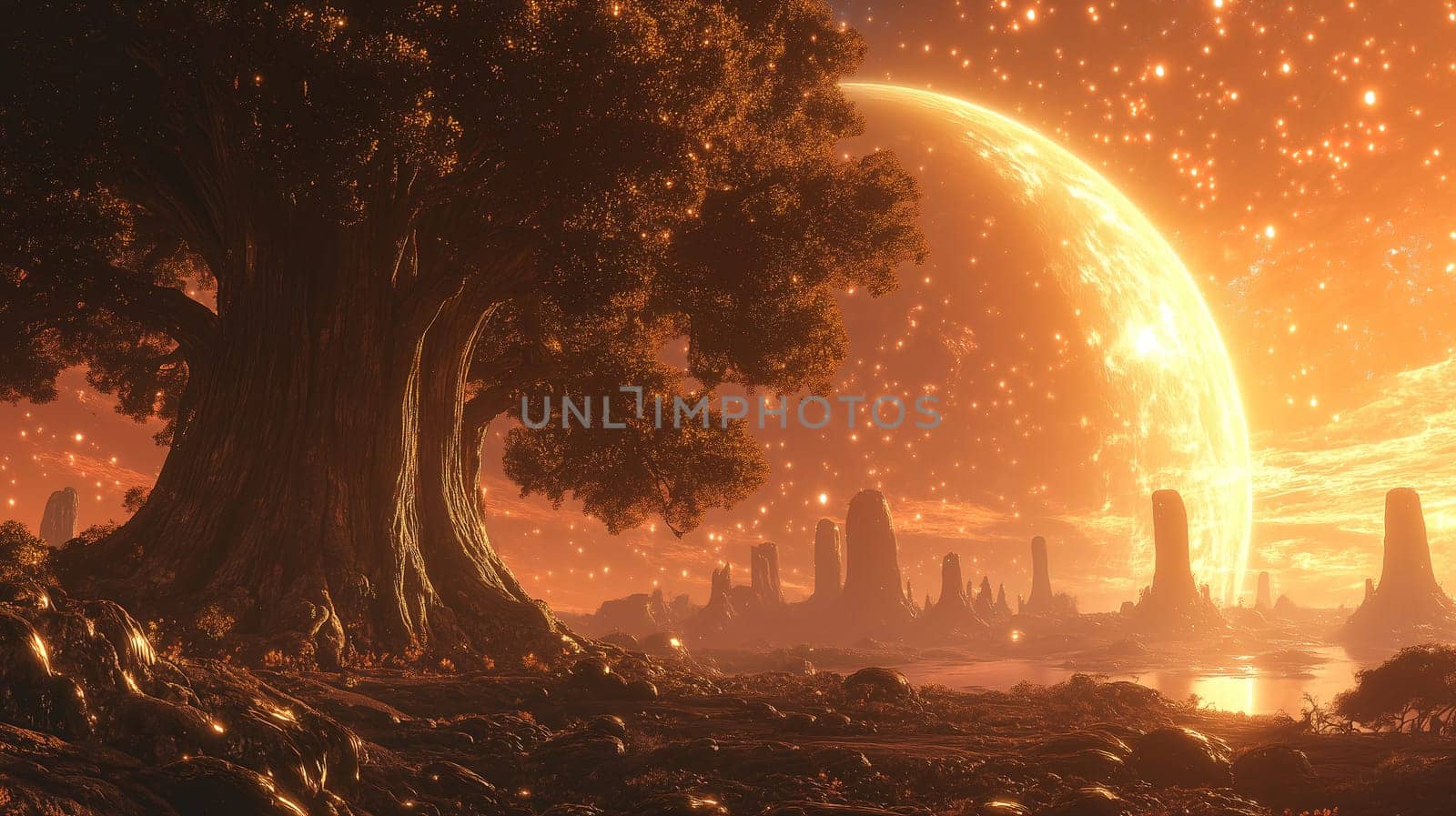 A majestic tree overlooks a calm lake, reflecting the vibrant orange hues of the sky. A giant planet looms overhead, adding an otherworldly atmosphere to the twilight scene.