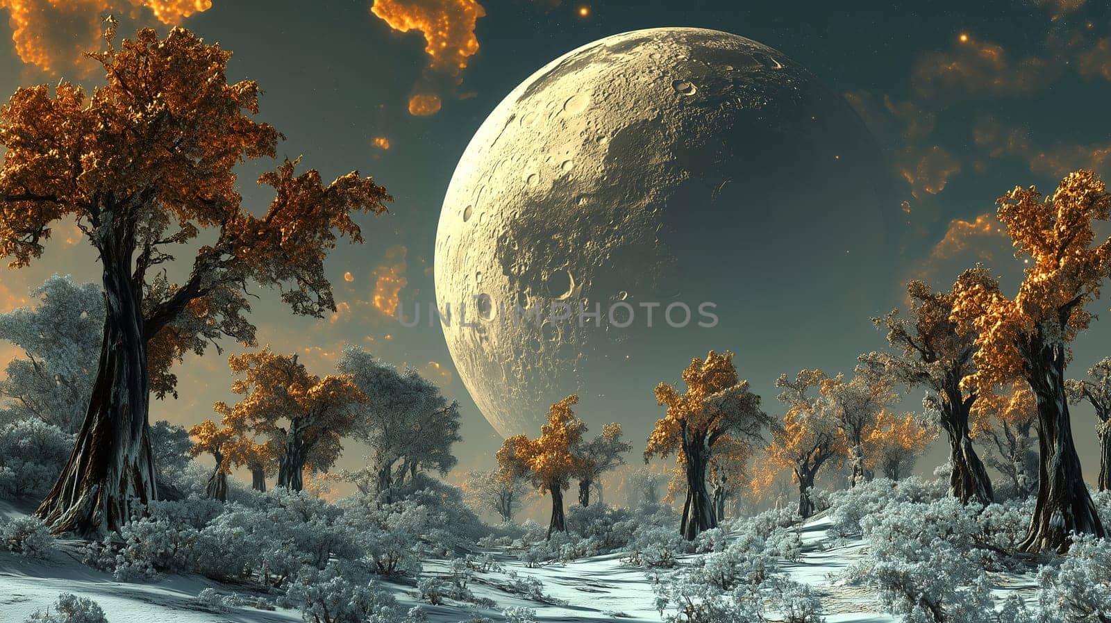 In a serene wilderness, tall autumn trees with golden leaves stand amidst a snowy landscape. A massive moon illuminates the scene, creating a tranquil twilight atmosphere.