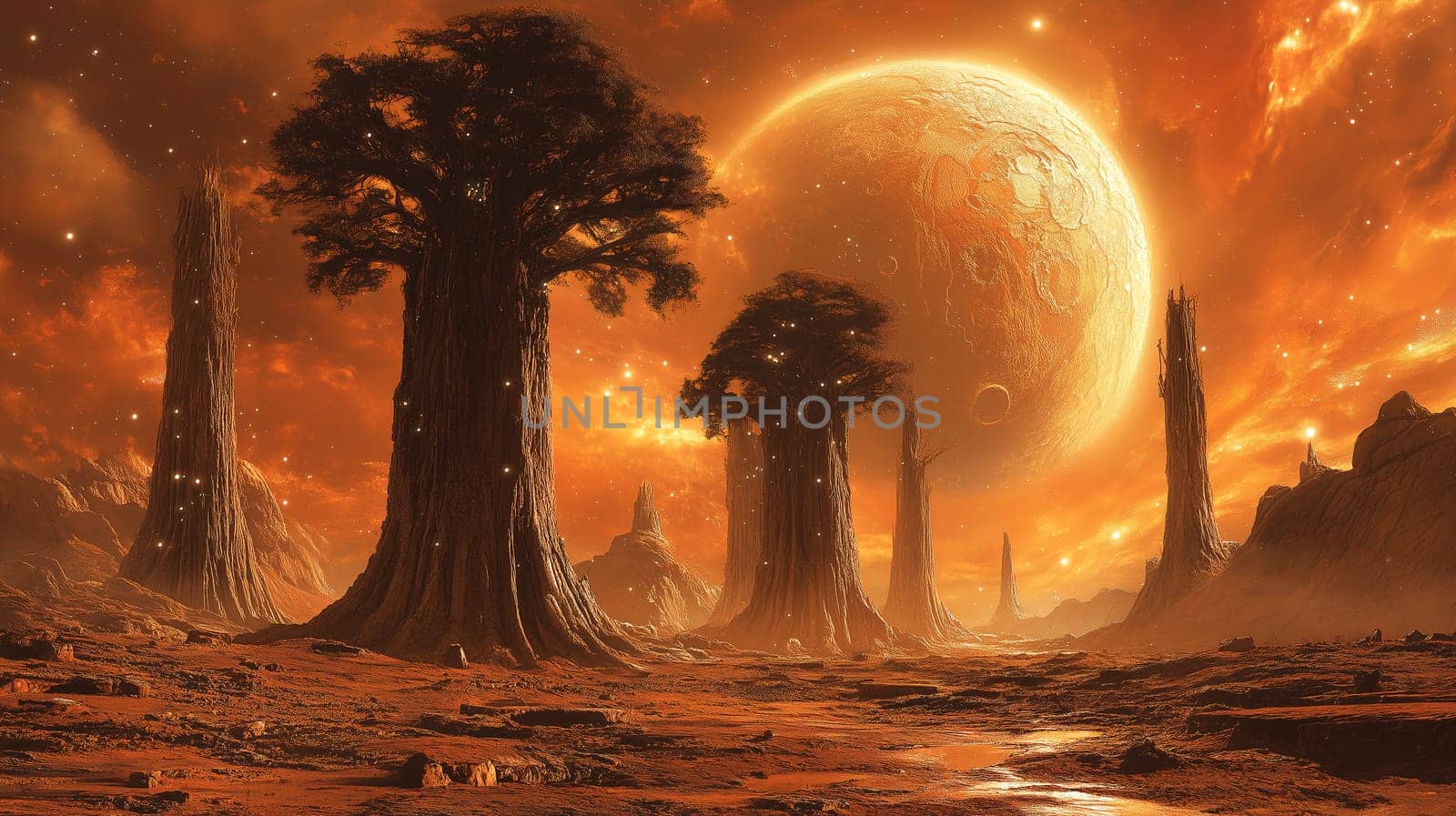 In a stunning alien environment, colossal trees rise amidst rocky terrain, illuminated by the light of a massive planet. The sky is ablaze with orange hues, creating an otherworldly atmosphere.