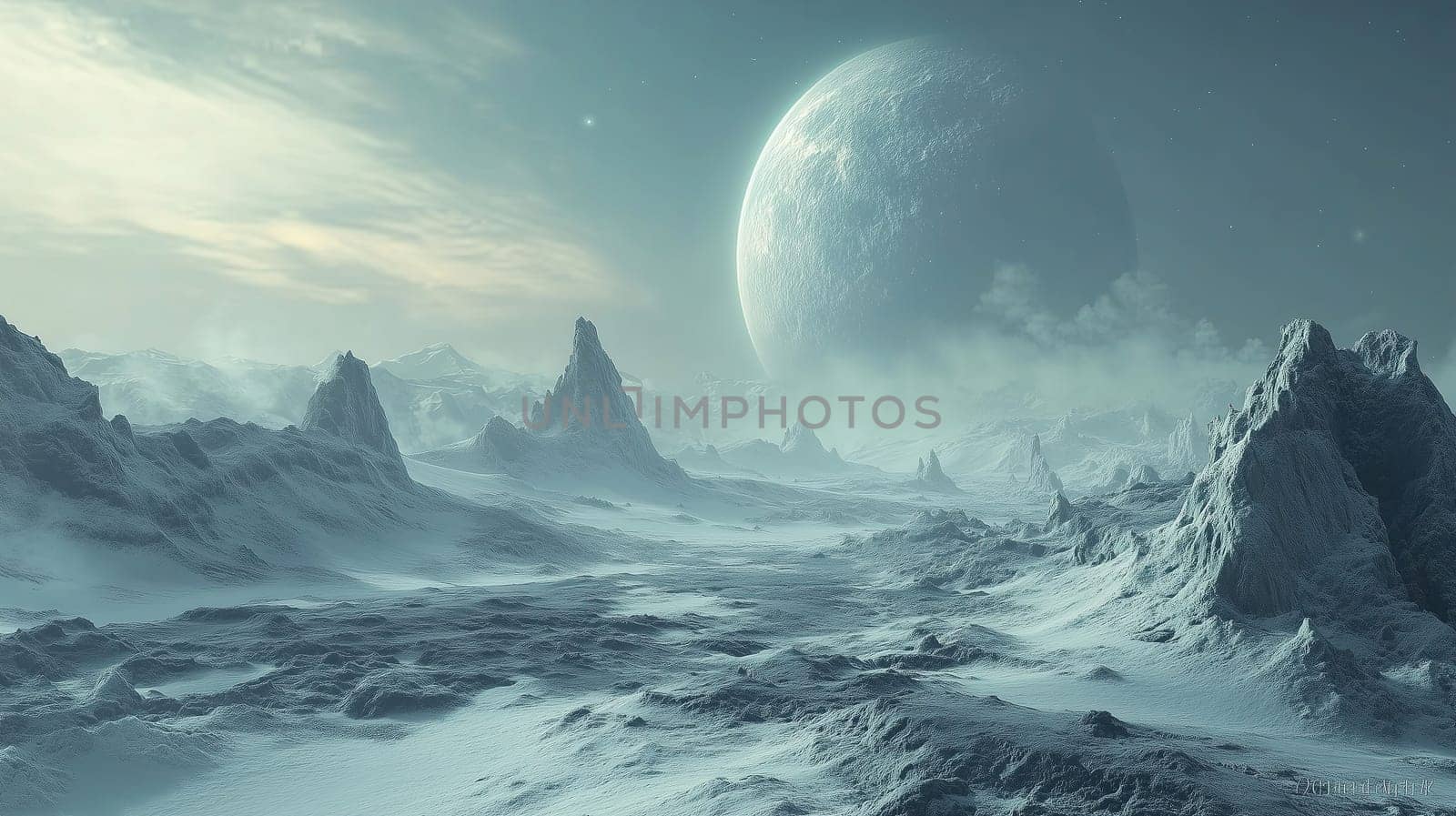 A breathtaking expanse of snow and ice showcases towering rocky formations beneath a gigantic moon. The serene sky adds to the calmness of this arctic wilderness, inviting contemplation.