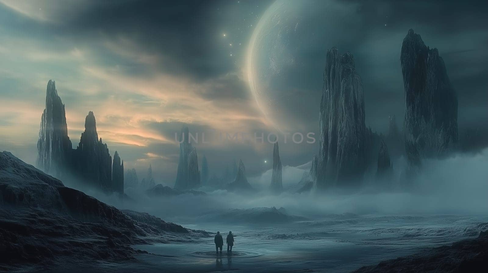 Two explorers traverse an otherworldly terrain filled with colossal rock structures under an immense planet at twilight, atmosphere ethereal and enchanting.
