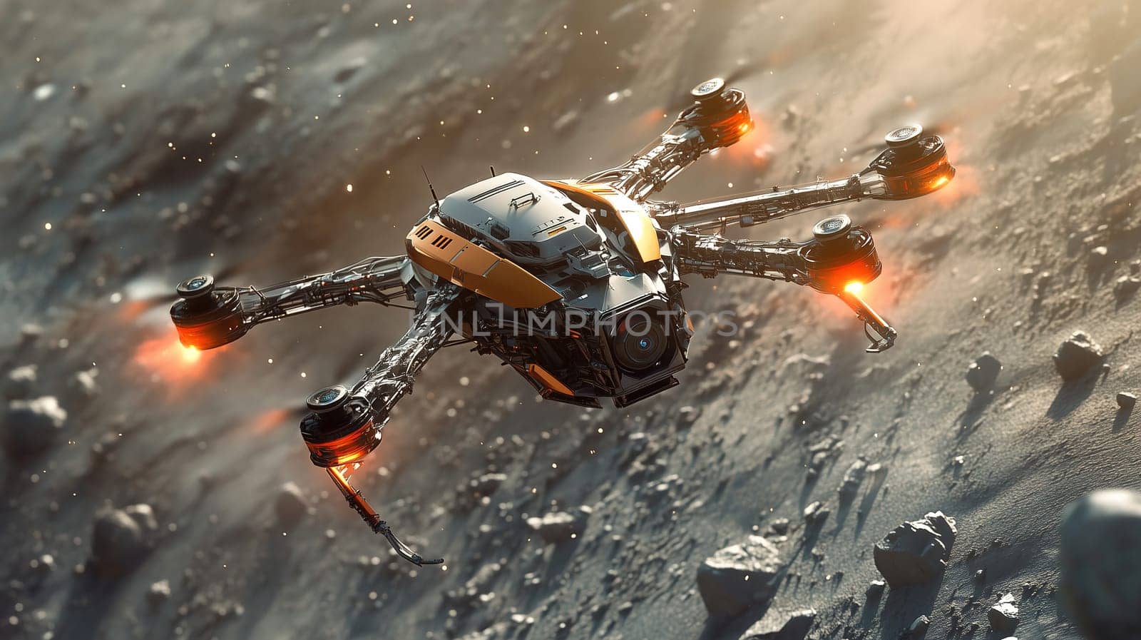 A high-tech drone navigates the lunar landscape, equipped with bright lights and advanced technology, as it explores the surface at twilight, capturing data and imagery.
