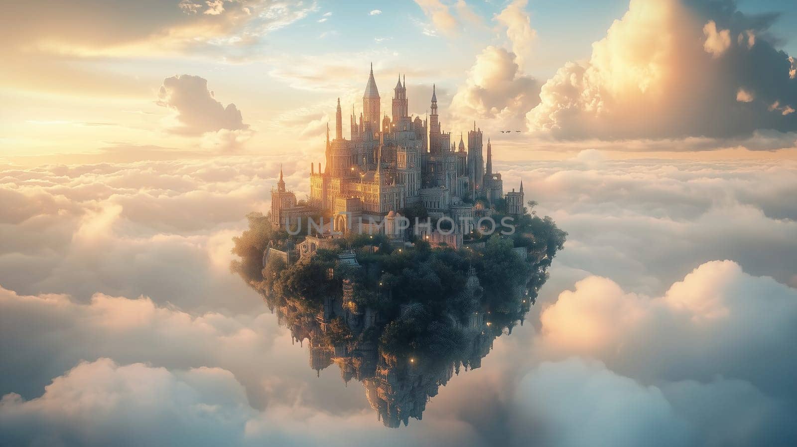 A majestic castle floats above the clouds during sunrise, bathed in golden light. The enchanting structure gives a fairytale feel, enhancing the dreamlike landscape.