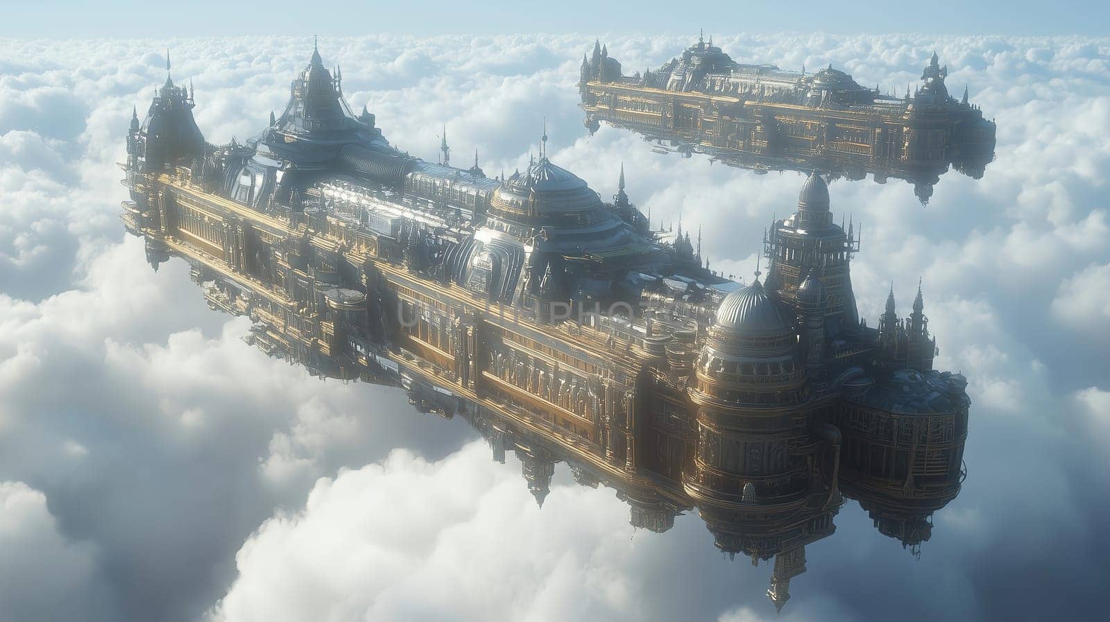 Two large airships float gracefully among fluffy clouds, with detailed architecture and bright golden tones reflecting sunlight in a fantasy setting.