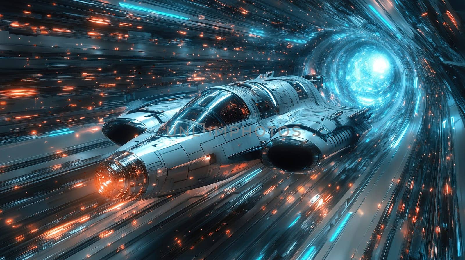 A sleek, advanced spaceship speeds through a luminous wormhole, surrounded by vibrant streams of light. The scene captures the thrill of space exploration and the mysteries of the universe.