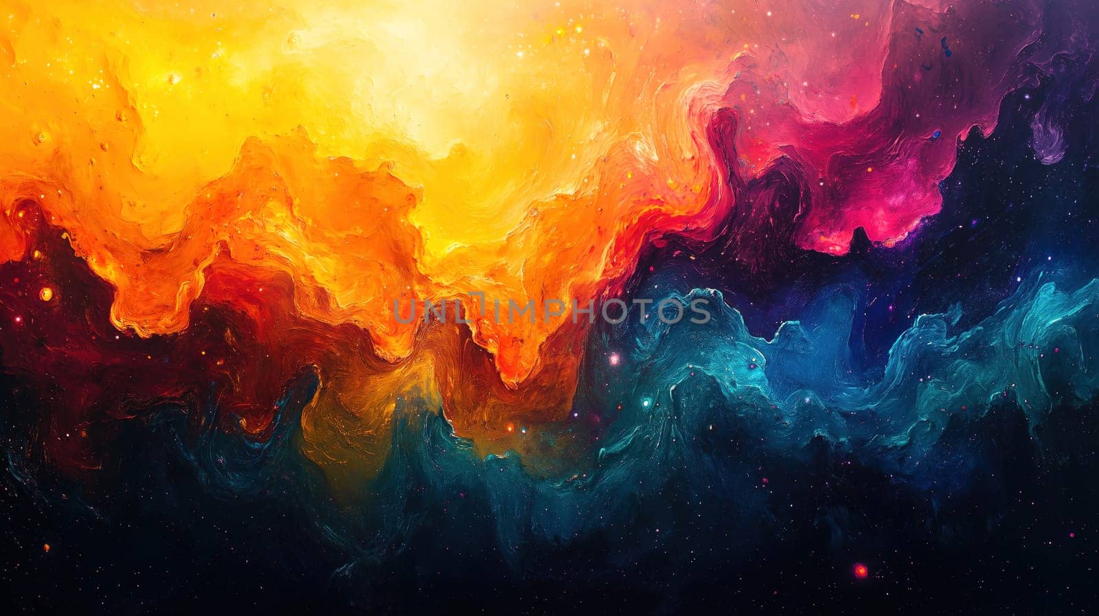 This artwork showcases a vibrant cosmic abstract design with swirling hues of orange, pink, and blue, creating a captivating visual experience. The colors blend seamlessly, evoking feelings of wonder.