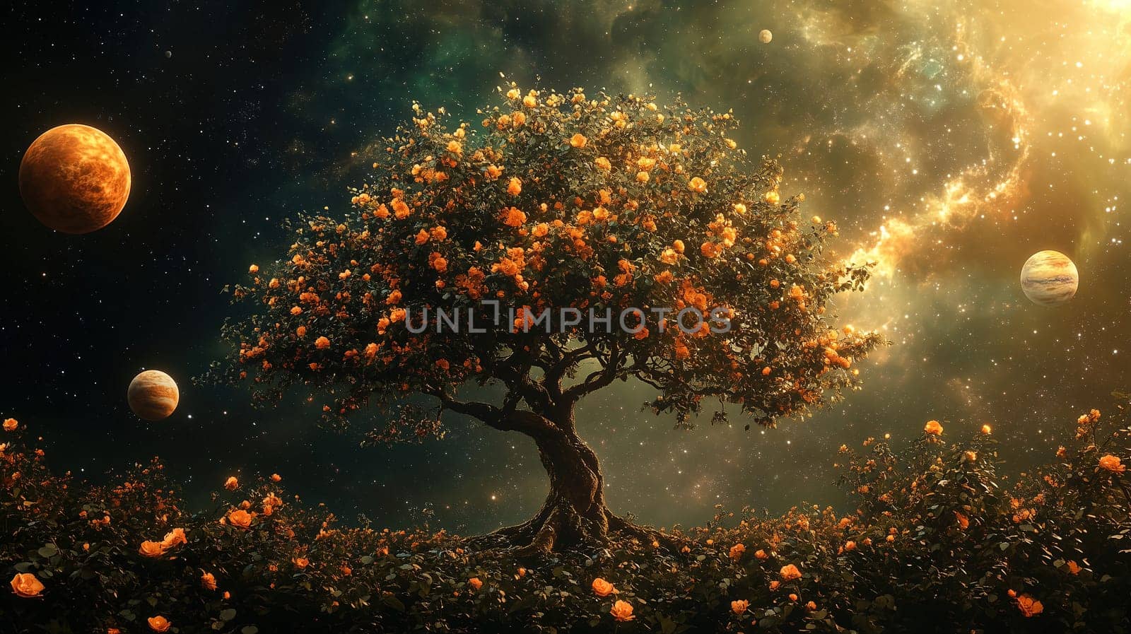 Beneath a star-filled sky, a bright orange tree stands proud, surrounded by blooming flowers, with planets floating nearby, creating a mesmerizing cosmic scene.