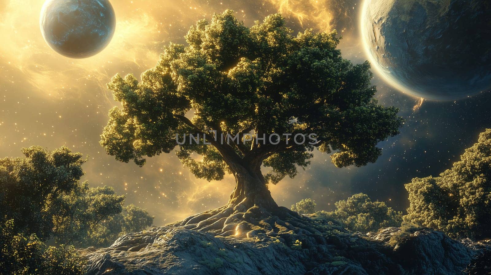 A large tree with expansive branches rises from a rocky terrain, surrounded by ethereal elements of space. Two planets loom in the background under a starry, luminous sky.