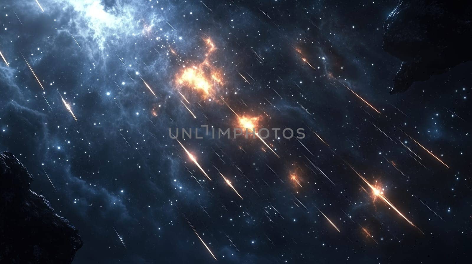 A mesmerizing display of shooting stars streaks across the dark sky, lighting up the atmosphere with fiery trails against a backdrop of distant peaks.