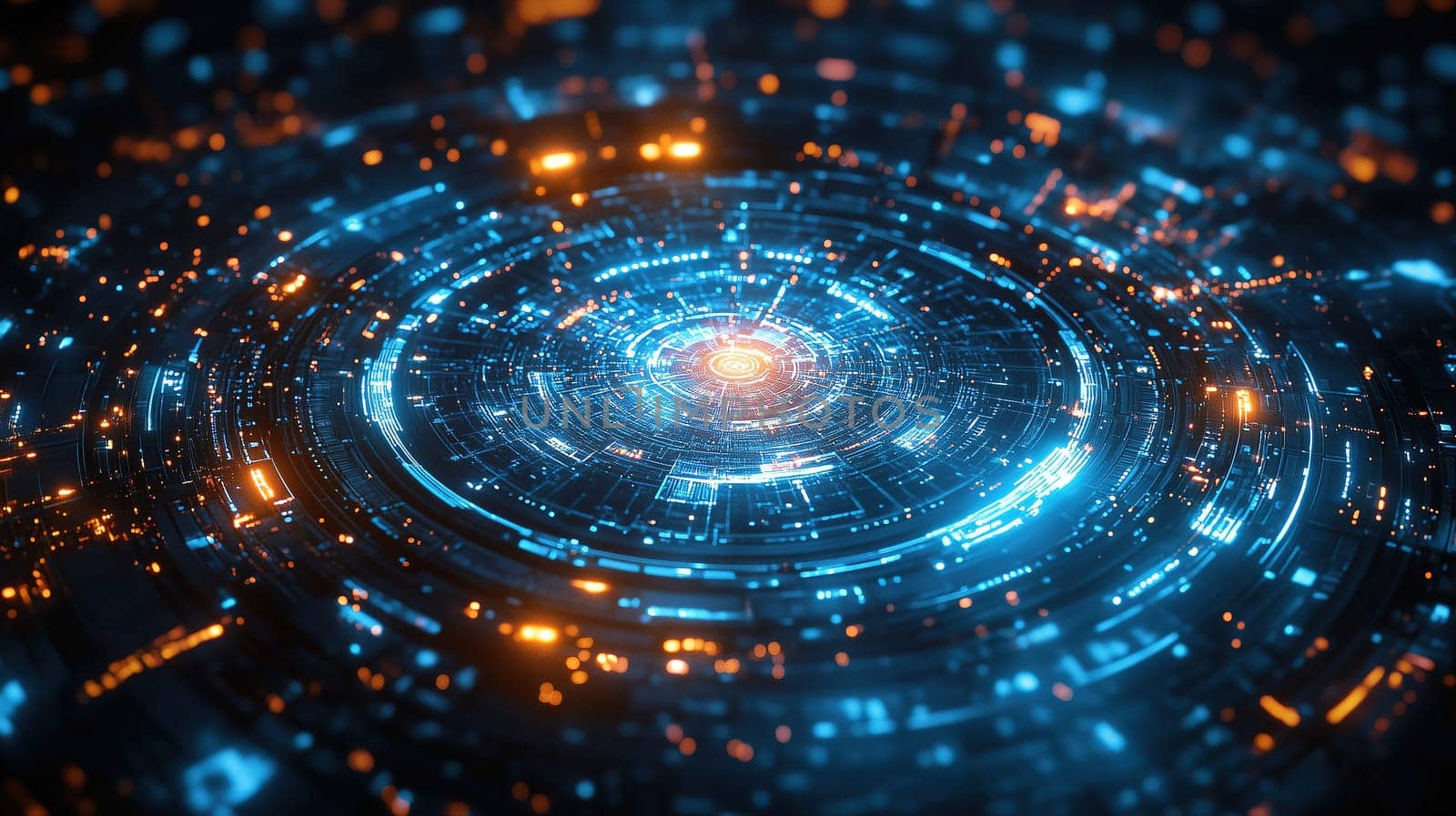 A vibrant circular design features bright blue and orange lights radiating from a central point, creating a dynamic, futuristic feel that captures attention with its intricate details.