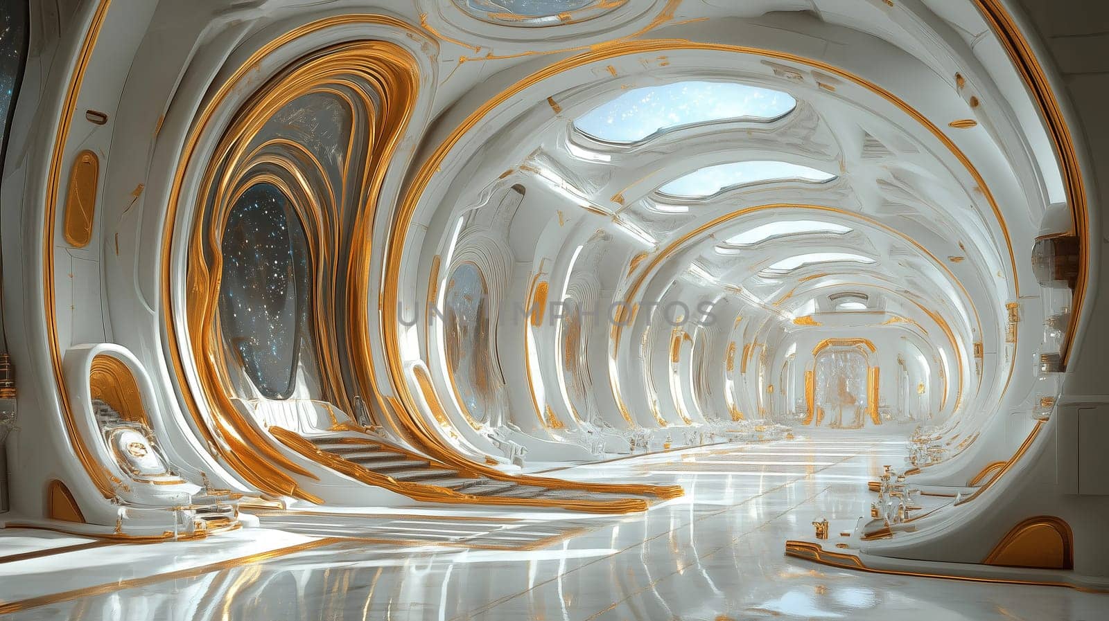 An expansive and bright room features smooth, flowing lines and elegant curves, bathed in natural light. Celestial views add a cosmic ambiance to the unique architecture.