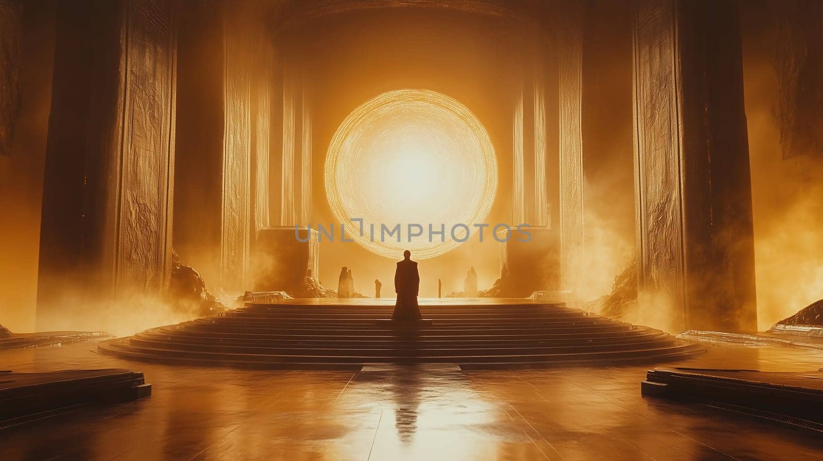 A solemn figure sits in quiet reflection at the base of a grand staircase within a stunning golden temple. A vibrant sun illuminates the space, enhancing its transcendental beauty.