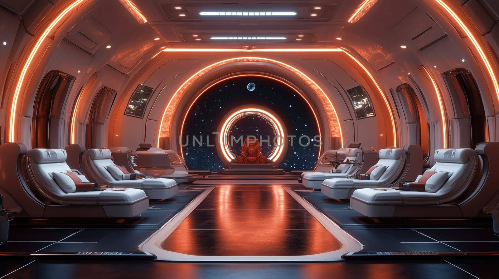 The interior features sleek furniture illuminated by vibrant orange lights, creating a calming atmosphere. A view of the cosmos is visible through the large window, enhancing the futuristic setting.