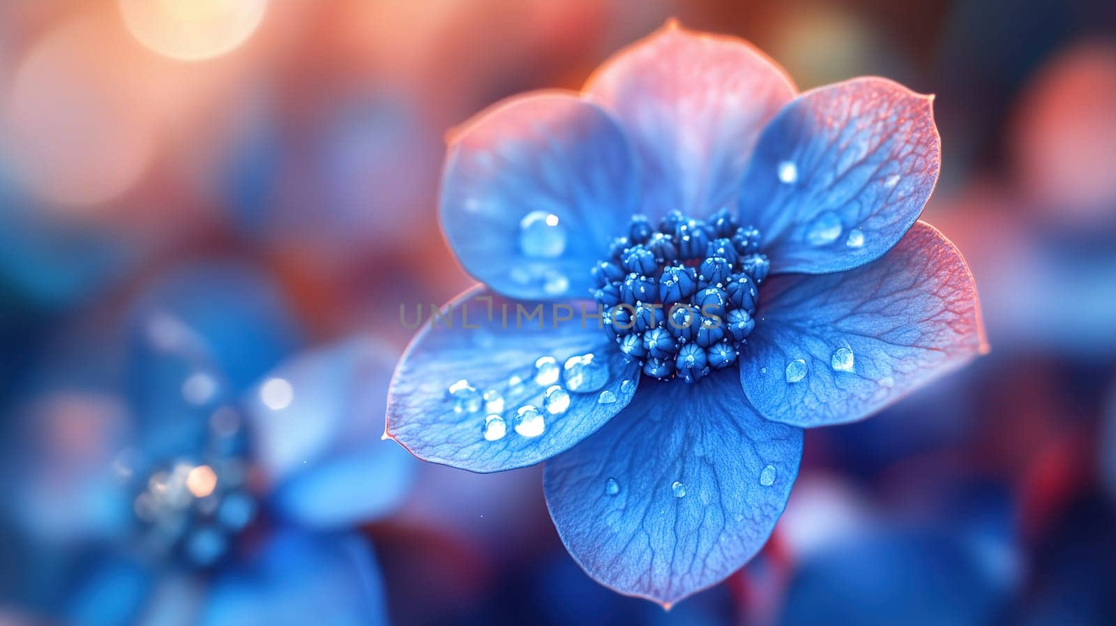 A vibrant blue flower displays delicate petals adorned with dew drops, glistening in the soft light of morning. The lush garden setting enhances its natural beauty.
