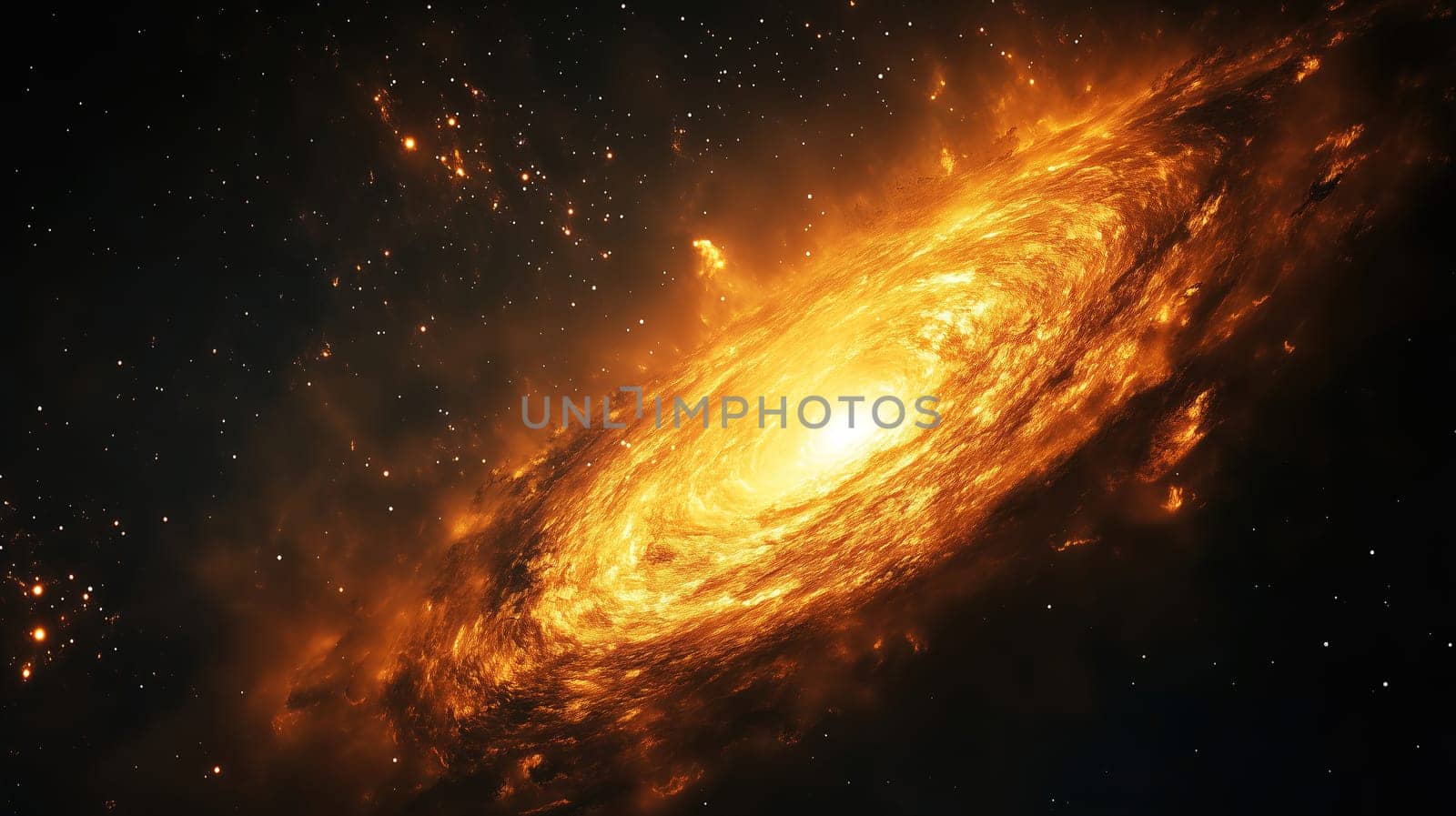 A captivating view of a galaxy with vibrant orange and yellow hues, showcasing swirling patterns and bright stars in the vastness of space.