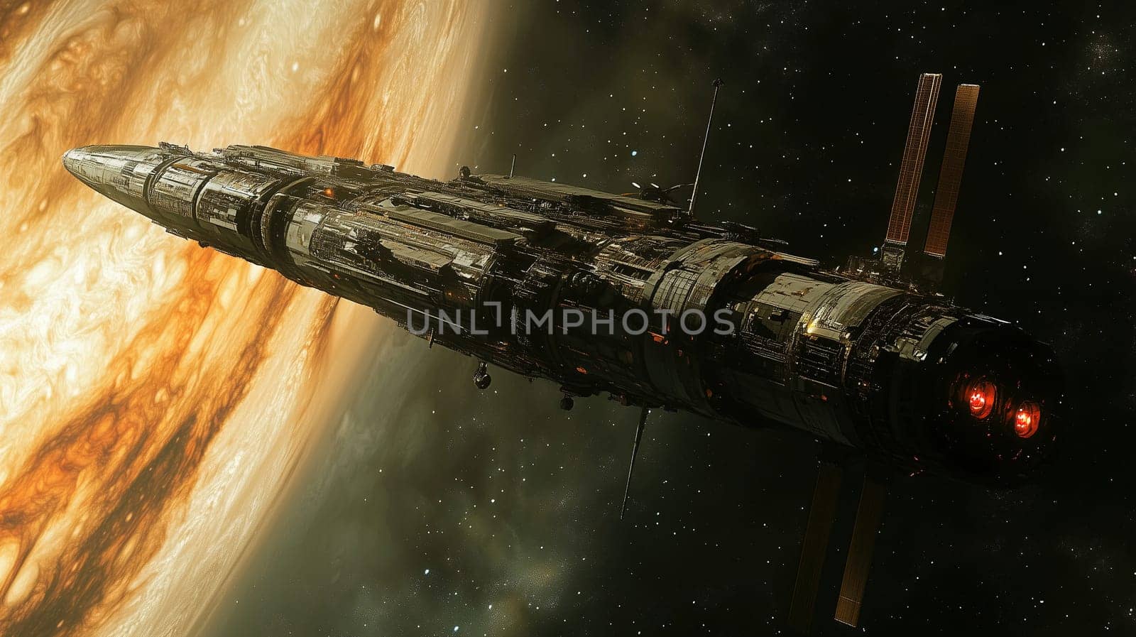 A large, futuristic spaceship glides through space, positioned near a massive gas giant with swirling clouds. The scene is set in a twilight atmosphere, showcasing distant stars.