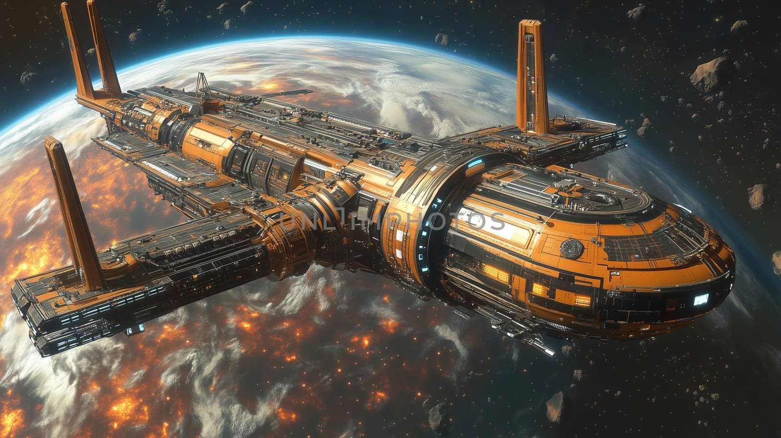 A detailed spaceship hovers in orbit around a colorful planet, with glowing elements illuminating its design. The scene suggests advanced technology and space exploration.