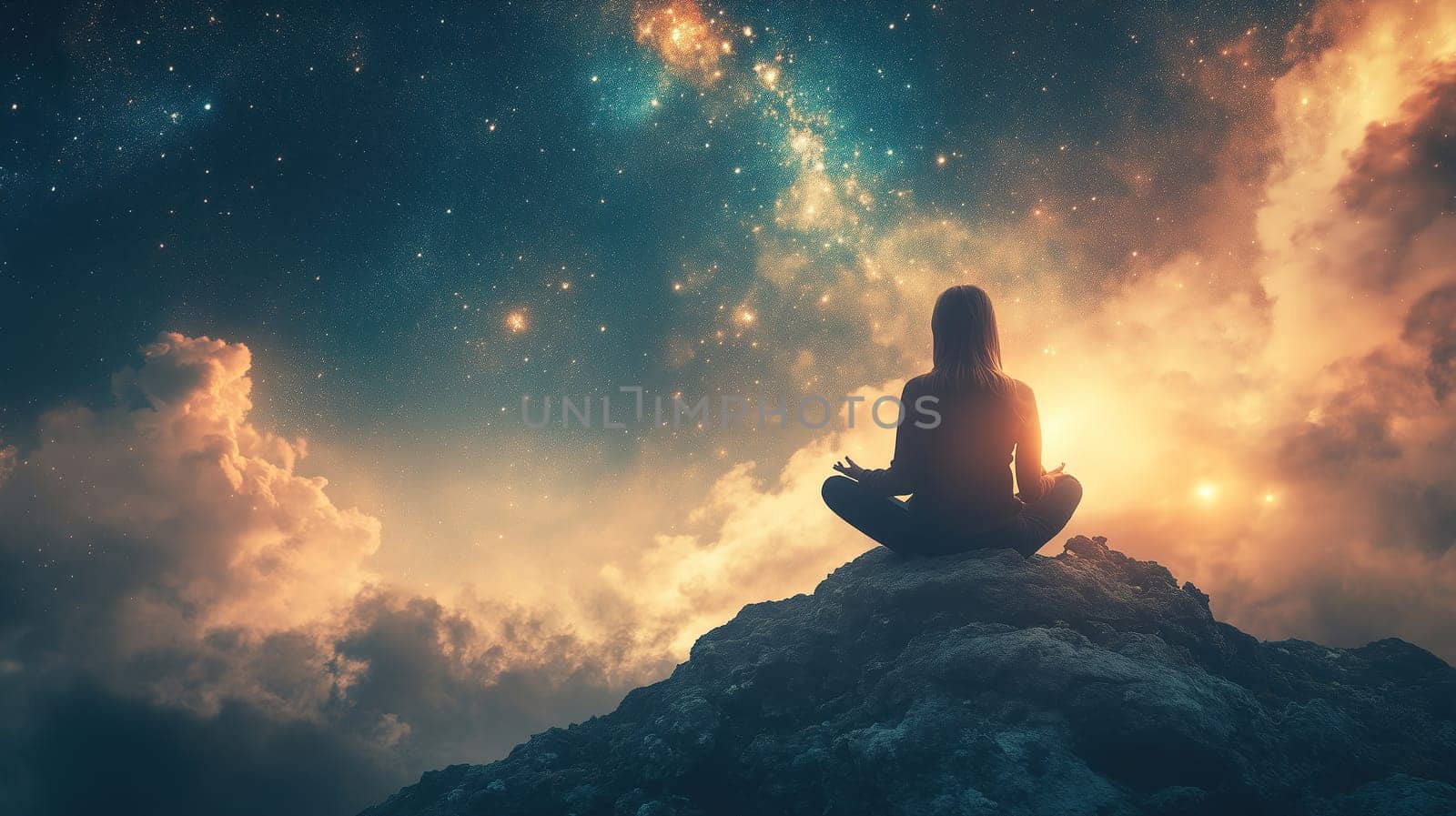 A figure sits cross-legged on a rock, meditating peacefully under a vast, star-filled sky filled with vibrant, swirling clouds during nightfall.